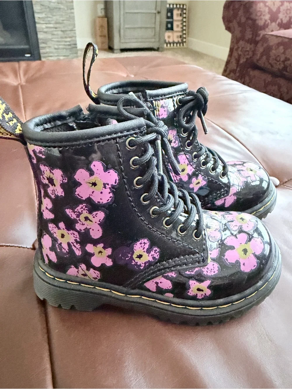 Dr. Martens Kids Black Lace-Up Boots with Pink Floral Print